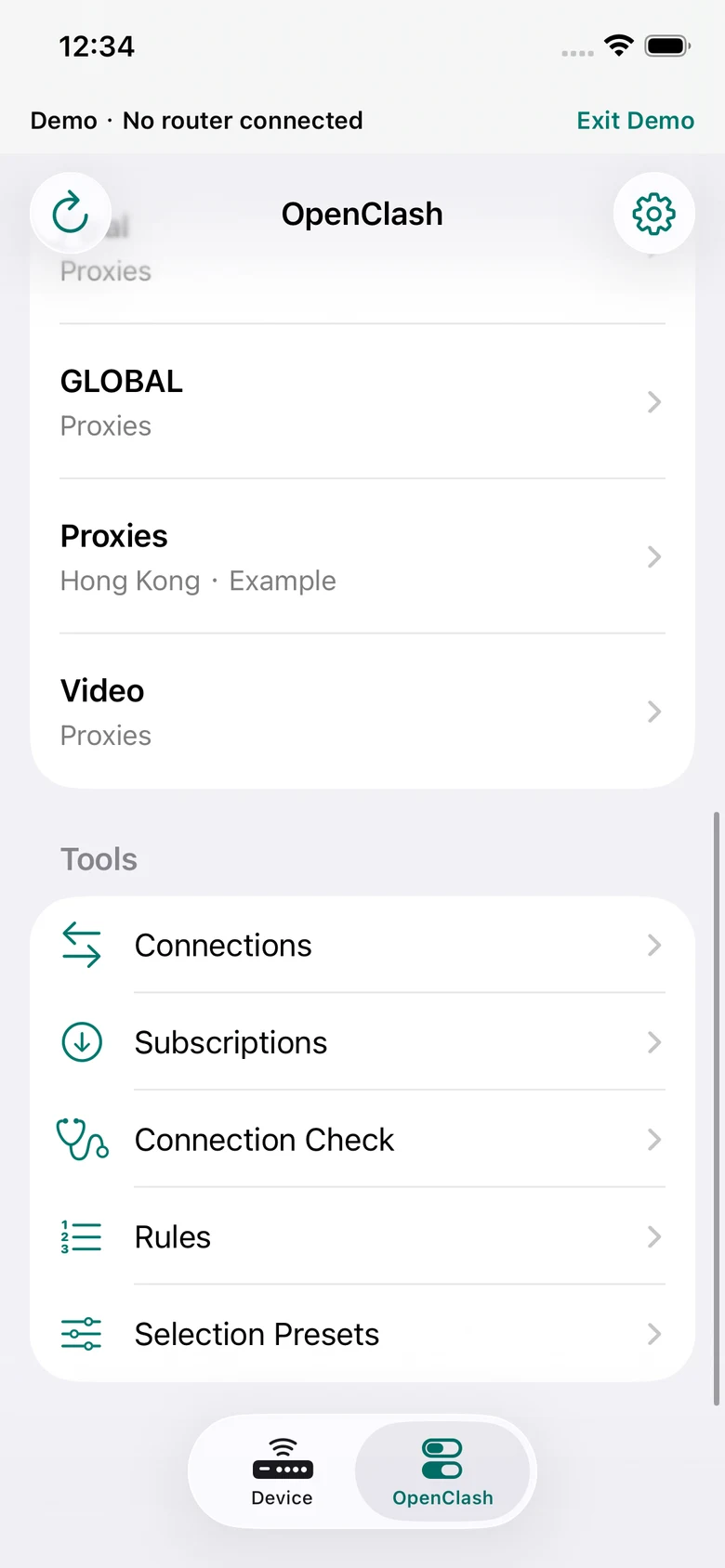 Actual app showing the five OpenClash tools: Connections, Subscriptions, Connection Check, Rules and Selection Presets