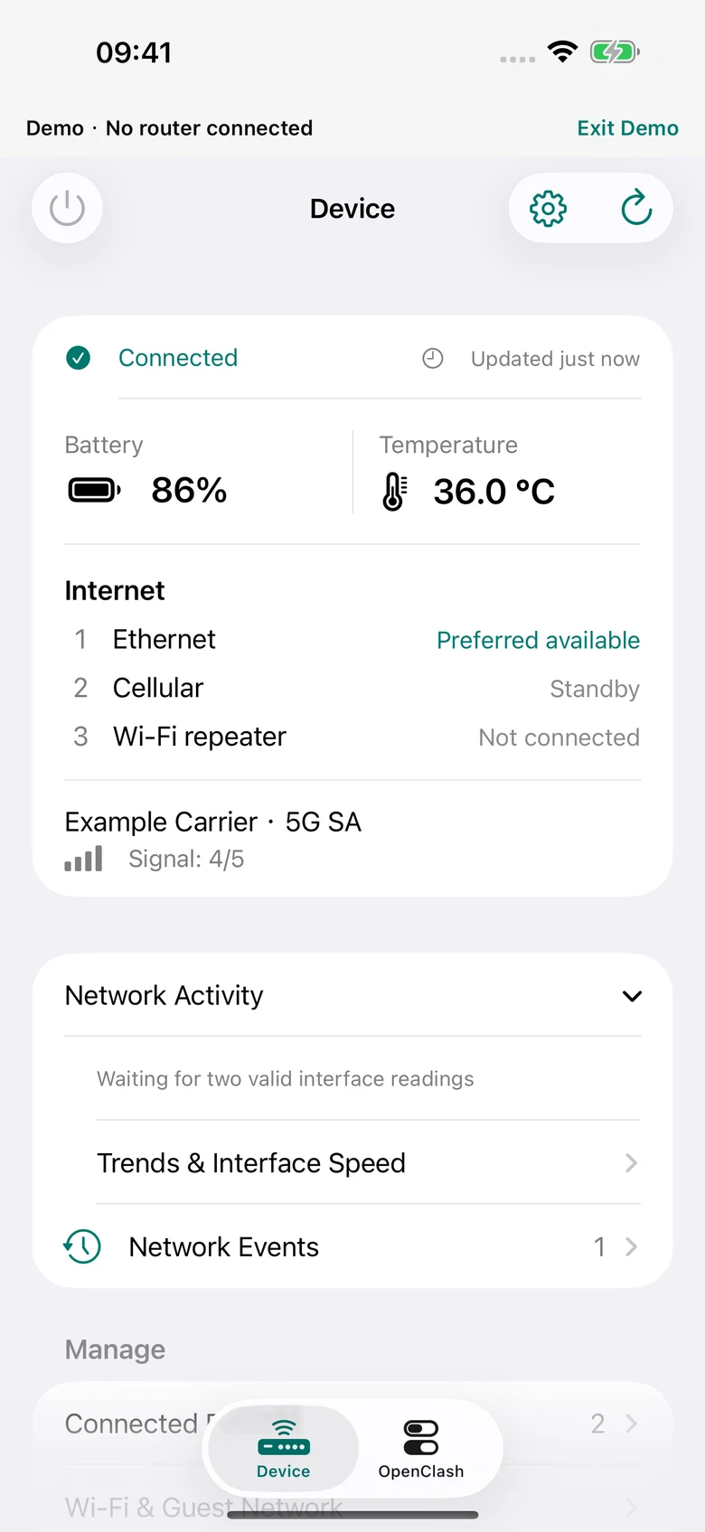 Mudi7 Remote 1.5 Device screen with example data