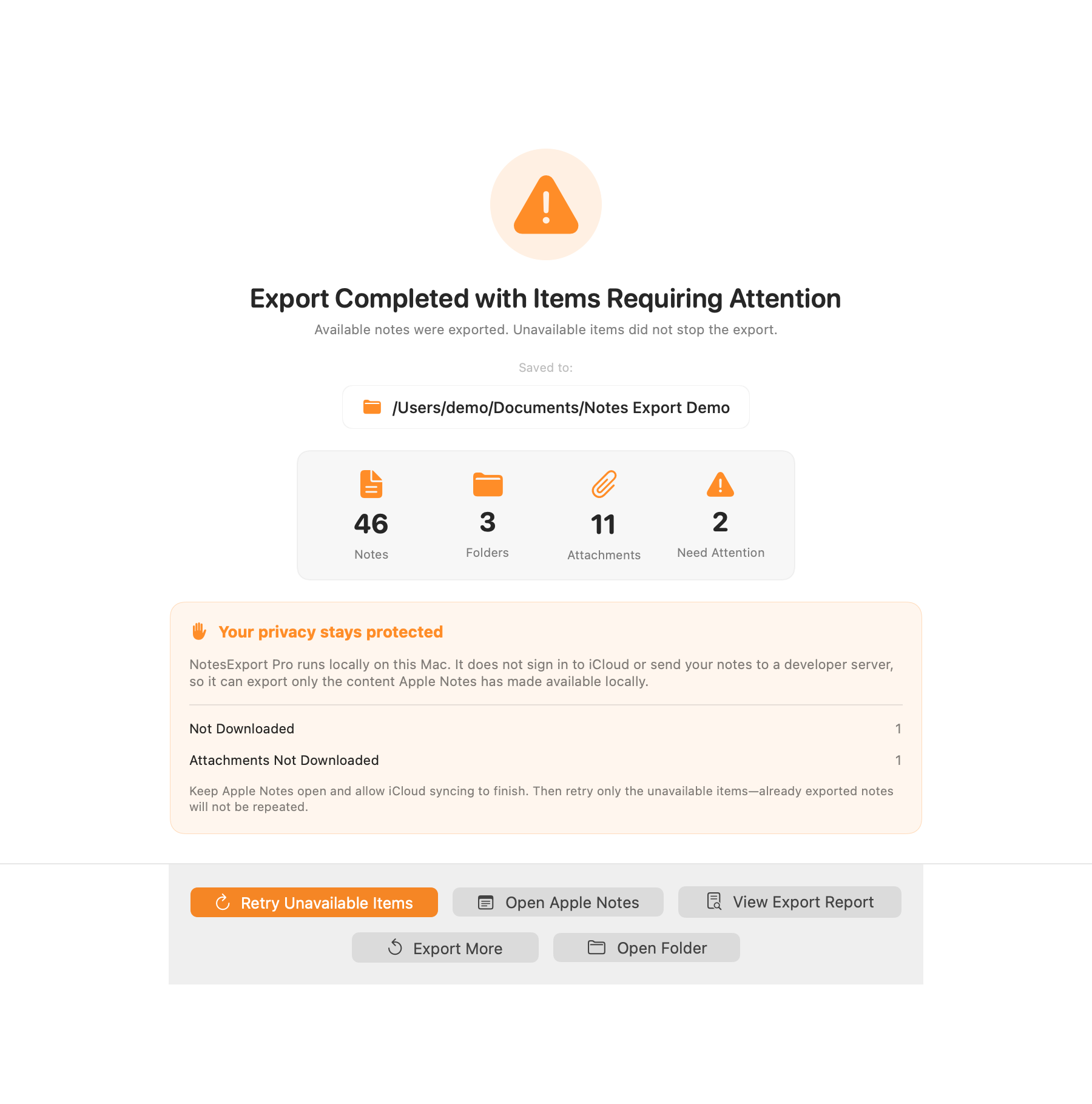 NotesExport Pro 1.5 partial-completion screen with local report and retry actions